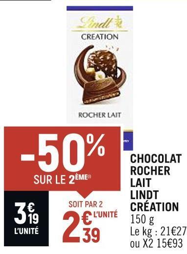 Vival Lindt création chocolat rocher lait offre