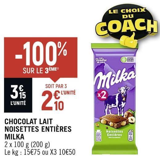 Spar Milka chocolat lait noisettes entières offre