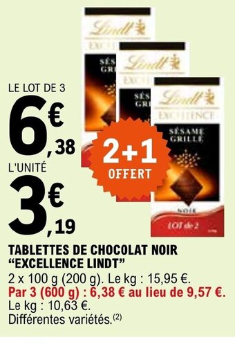 E.Leclerc TABLETTES DE CHOCOLAT NOIR "EXCELLENCE LINDT" offre
