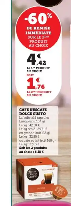Super U CAFE NESCAFE DOLCE GUSTO La boite x16 capsules Lungo (soit 104 g) Le kg: 42,50 € Le kg des 2:29,71 € offre