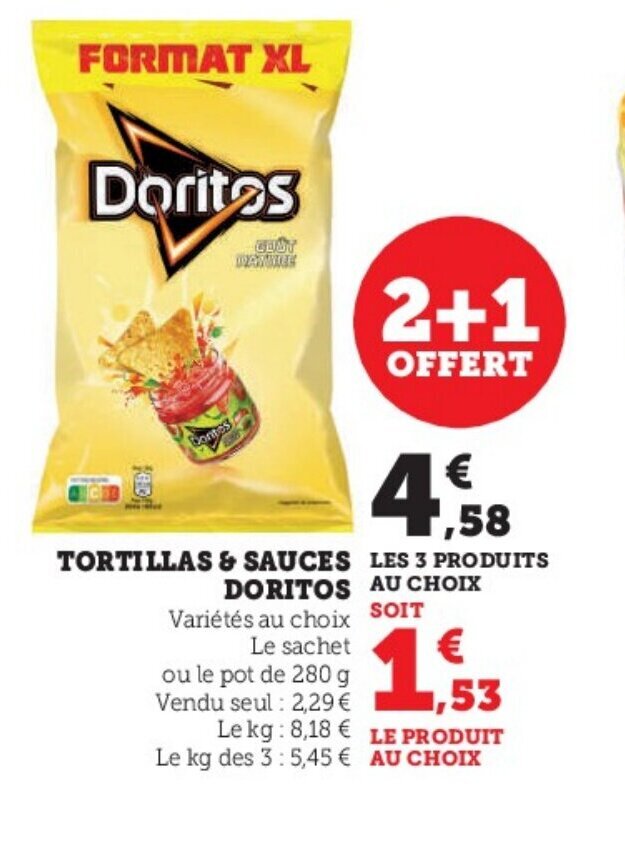 Promo TORTILLAS & SAUCES LES 3 PRODUITS DORITOS AU CHOIX chez Super U