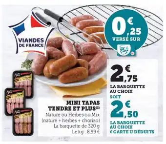 Super U MINI TAPAS TENDRE ET PLUS (3) Nature ou Herbes ou Mix (nature + herbes + chorizo) La barquette de 320 g Le kg: 8,59 € offre