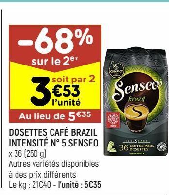 Leader Price Dosettes café brazil intensité n°5 senseo offre