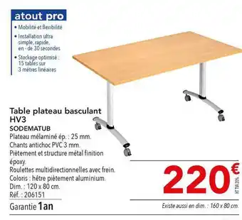 METRO Table Plateau Basculant Hv3 Sodematub offre