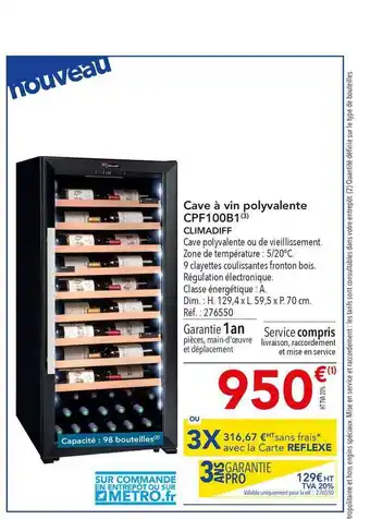 METRO Cave à Vin Polyvalente Cpf100b1 Climadiff offre
