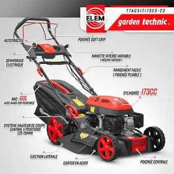 Bricomarché Tondeuse thermique autotractée 173cc - 50.6cm avec démarrage électrique -mulching - éjection latérale - elem garden offre