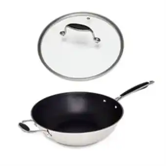 Lot wok inox antiadhérent et couvercle verre 30 cm excell'inox