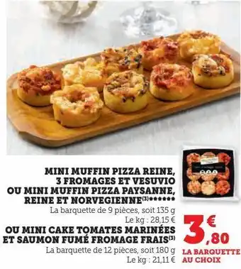 Super U Mini muffin pizza reine, 3 fromages et vesuvio ou mini muffin pizza paysanne, reine et norvegienne offre