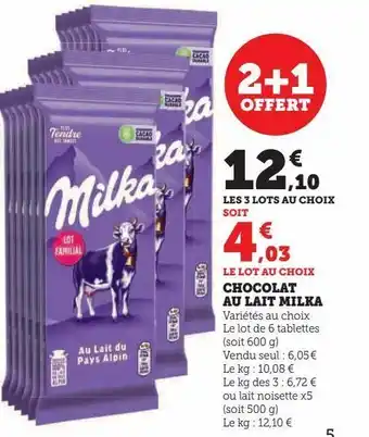 Super U Chocolat au lait milka offre