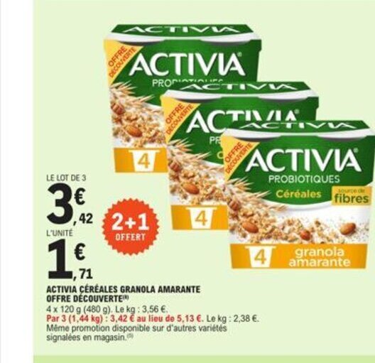 E.Leclerc ACTIVIA CÉRÉALES GRANOLA AMARANTE OFFRE DÉCOUVERTE™ offre