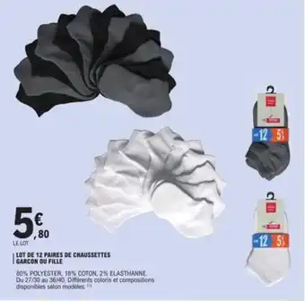 E.Leclerc LOT DE 12 PAIRES DE CHAUSSETTES GARCON OU FILLE offre