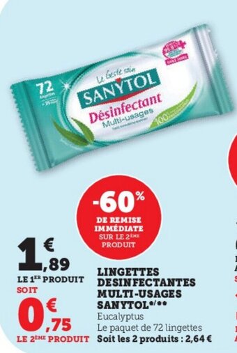 Super U LINGETTES DESINFECTANTES MULTI-USAGES SANYTOL*/** offre