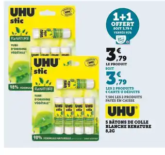 Super U Uhu 5 bâtons de colle blanche renature 8,2g offre