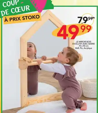 Stokomani LE MIROIR BOIS EVOLUTIF AVEC BARRE 70 x 90 cm Mdf, Pin, Acrylique offre