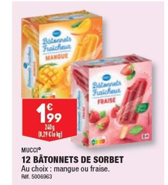 ALDI 12 BÂTONNETS DE SORBET Au choix: mangue ou fraise. offre