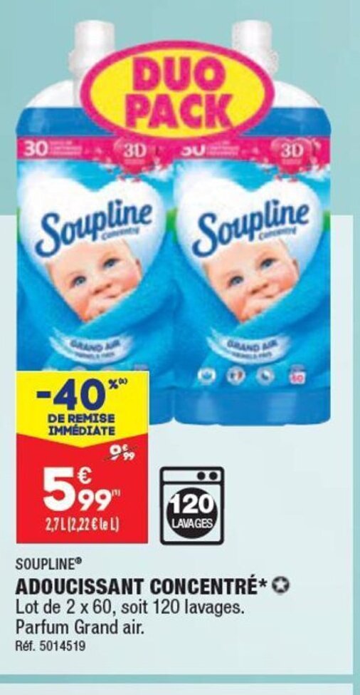 ALDI ADOUCISSANT CONCENTRÉ* Lot de 2 x 60, soit 120 lavages. Parfum Grand air. offre