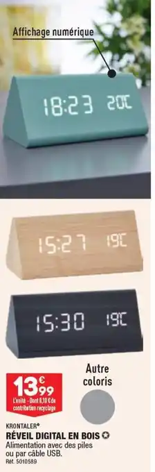 ALDI RÉVEIL DIGITAL EN BOIS Alimentation avec des piles ou par câble USB. offre