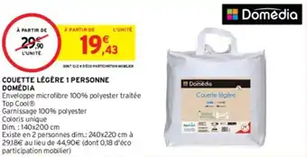 Intermarché COUETTE LÉGÈRE 1 PERSONNE DOMÉDIA offre