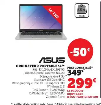 Super U ORDINATEUR PORTABLE 14"* PRIX CONSEILLÉ offre