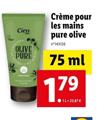 Lidl Crème pour les mains pure olive offre