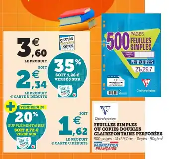 Hyper U Feuilles simples ou copies doubles clairefontaine perforées offre