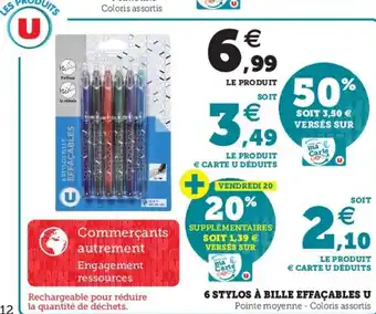 Hyper U 6 Stylos à bille effaçables u offre