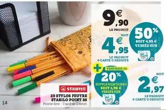 Hyper U 20 Stylos feutre stabilo point 88 offre