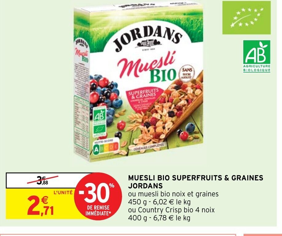 Promo MUESLI BIO SUPERFRUITS & GRAINES JORDANS chez Intermarché Hyper