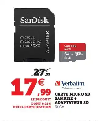 Carte Micro SD Sandisk + Adapteur SD