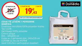 Intermarché Hyper COUETTE LÉGÈRE 1 PERSONNE DOMÉDIA offre