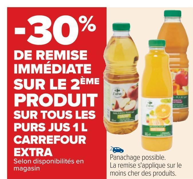 Carrefour Carrefour extra -30% de remise immédiate sur le 2ème produit sur tous les purs jus 1 l carrefour extra offre