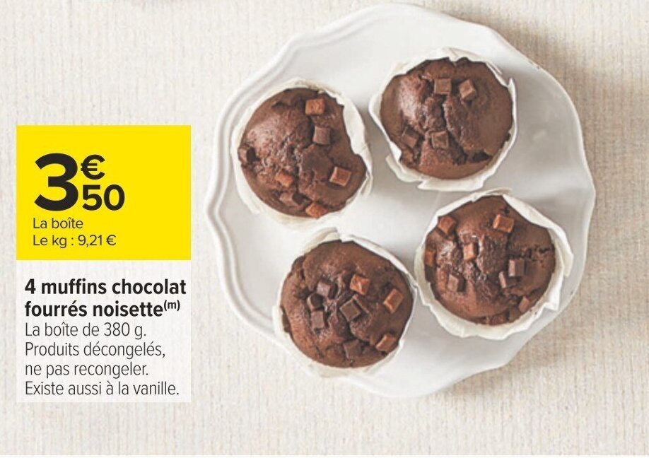 Carrefour 4 muffins chocolat fourrés noisette(m) offre