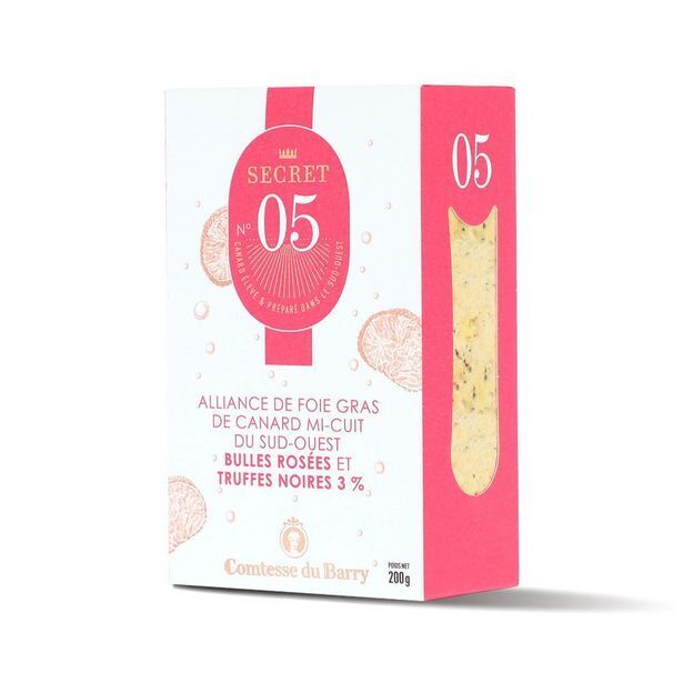 Comtesse du Barry Secret n°05 : alliance de foie gras de canard mi-cuit du sud-ouest, bulles rosées et truffes noires 3 % (200g) offre