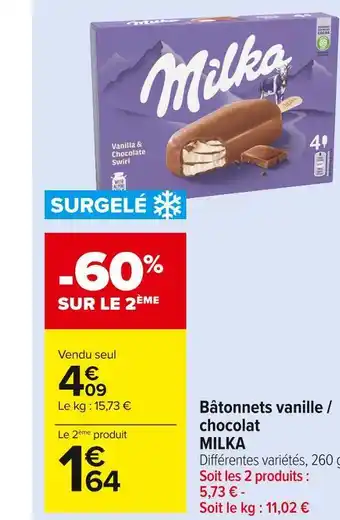 Carrefour Market Milka bâtonnets vanille / chocolat offre