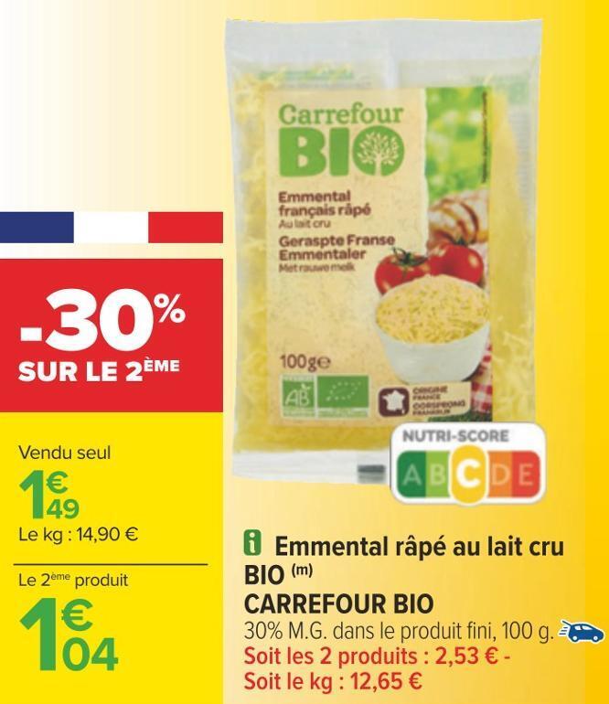 Carrefour Carrefour bio emmental râpé au lait cru bio offre