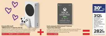 Carrefour Console microsoft xbox series s blanche 512 go + carte prépayée abonnement 1 mois au game pass ultimate offre