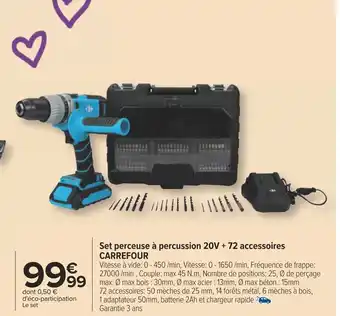 Carrefour Set perceuse à percussion 20V + 72 accessoires CARREFOUR offre