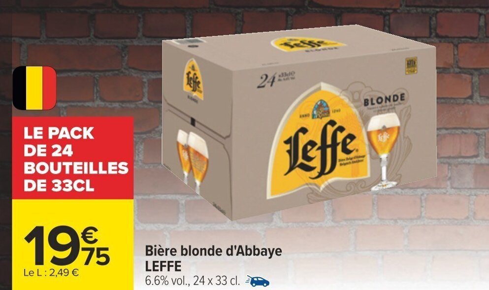 Carrefour Bière blonde d'Abbaye LEFFE 6.6% vol., 24 x 33 cl. offre
