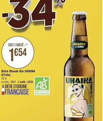 BiĂšre Blonde Bio UHAINA 6% Vol.