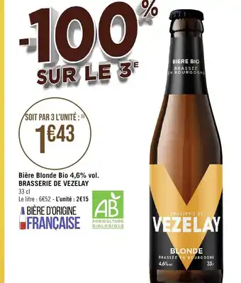 Bière Blonde Bio 4,6% vol. BRASSERIE DE VEZELAY 33 cl