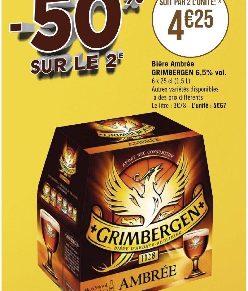 Géant Casino Bière Ambrée GRIMBERGEN 6,5% vol. 6 x 25 cl (1,5 L) offre