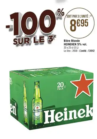 Géant Casino Bière Blonde HEINEKEN 5% vol. 20 x 25 cl (5L) Le litre : 2€68 - L'unité : 13€42 offre