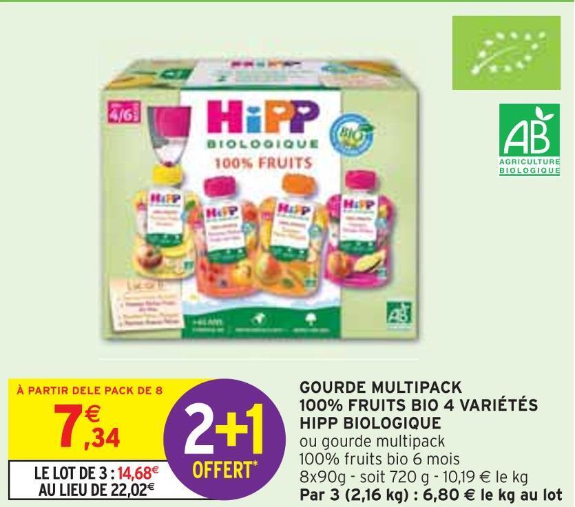 Intermarché Hipp biologique gourde multipack 100% fruits bio 4 variétés offre