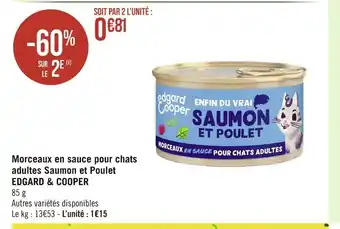 Casino Supermarchés Edgard & cooper morceaux en sauce pour chats adultes saumon et poulet offre