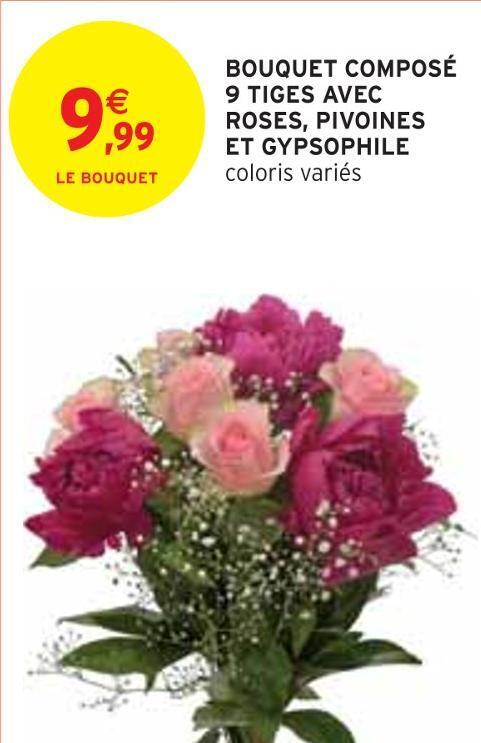 Intermarché Bouquet composé 9 tiges avec roses, pivoines et gypsophile offre
