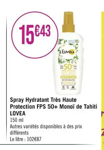 Lovea spray hydratant trĂšs haute protection fps 50+ monoĂŻ de tahiti