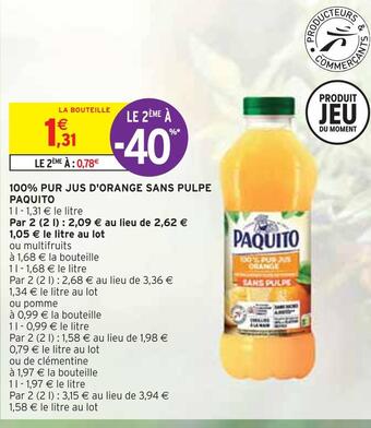 Intermarché Paquito 100% pur jus d'orange sans pulpe offre
