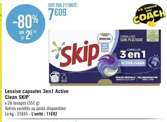Géant Casino Lessive capsules 3en1 Active Clean SKIP* offre