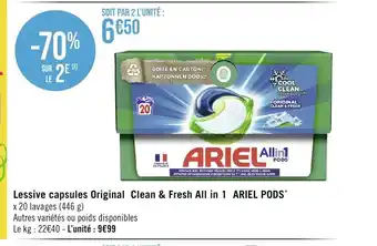 Géant Casino Lessive capsules Original Clean & Fresh All in 1 ARIEL PODS* x 20 lavages (446 g) offre