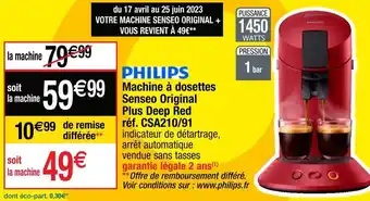 Cora x Carrefour Philips machine à dosettes senseo original plus deep red réf. csa210/91 offre